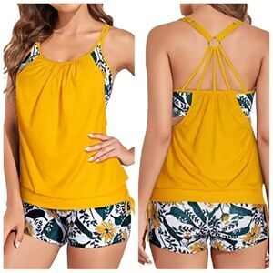 Holipick Push Up Tankini Swimsuit Two Piece Tummy Control Yellow Floral Size Lar
